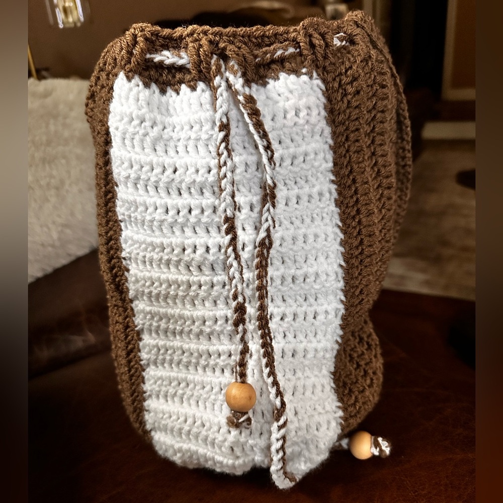 Handcrafted bohemian style hobo hand knit crochet bucket handbag tote purse